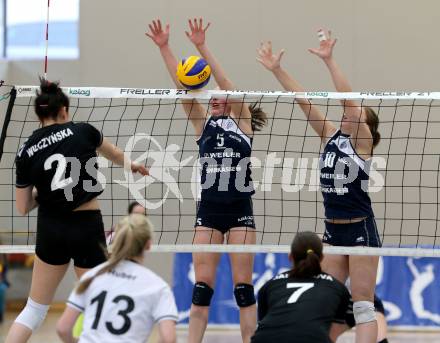 WVL. Women Volley League. ATSC Wildcats gegen SVS Post Schwechat.  Bajde Anna, Graf Annalena (Wildcats). KLagenfurt, am 25.4.2015.
Foto: Kuess
---
pressefotos, pressefotografie, kuess, qs, qspictures, sport, bild, bilder, bilddatenbank