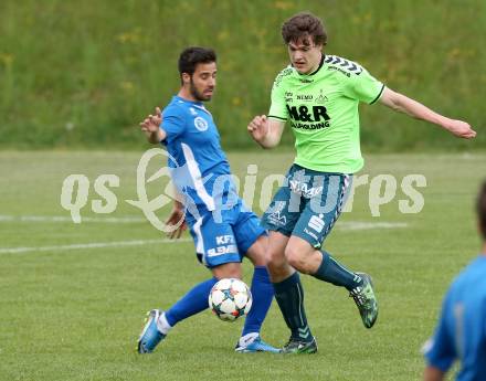 Fussball Kaerntner Liga. SV Feldkirchen/SV Oberglan gegen Annabichler Sportverein. Robert Thomas Tiffner,  (Feldkirchen), Abian Jose Serrano Davila  (ASV). Feldkirchen, am 9.5.2015.
Foto: Kuess
---
pressefotos, pressefotografie, kuess, qs, qspictures, sport, bild, bilder, bilddatenbank