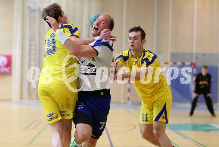 Handball Bundesliga. Aufstiegs Play Off. Halbfinale. SC Ferlach gegen UHC Erste Bank Hollabrunn. Leopold Wagner, (SCF),  Kristof Gal (Hollabrunn). Ferlach, am 11.5.2015.
Foto: Kuess
---
pressefotos, pressefotografie, kuess, qs, qspictures, sport, bild, bilder, bilddatenbank