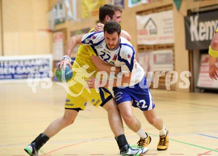 Handball Bundesliga. Aufstiegs Play Off. Halbfinale. SC Ferlach gegen UHC Erste Bank Hollabrunn. Dean David Pomorisac,  (SCF), Florian Ruf (Hollabrunn). Ferlach, am 11.5.2015.
Foto: Kuess
---
pressefotos, pressefotografie, kuess, qs, qspictures, sport, bild, bilder, bilddatenbank