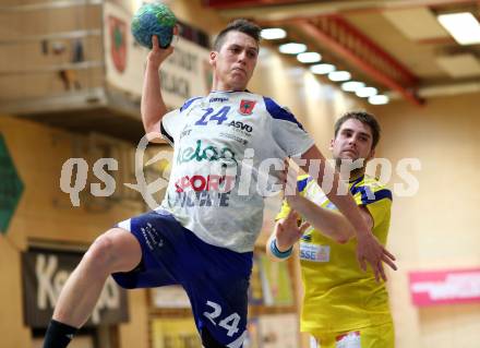 Handball Bundesliga. Aufstiegs Play Off. Halbfinale. SC Ferlach gegen UHC Erste Bank Hollabrunn.  Mladan Jovanovic,  (SCF), Florian Ruf (Hollabrunn). Ferlach, am 11.5.2015.
Foto: Kuess
---
pressefotos, pressefotografie, kuess, qs, qspictures, sport, bild, bilder, bilddatenbank