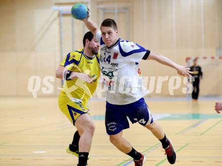 Handball Bundesliga. Aufstiegs Play Off. Halbfinale. SC Ferlach gegen UHC Erste Bank Hollabrunn. Mladan Jovanovic, (SCF),  Andreas Czech  (Hollabrunn). Ferlach, am 11.5.2015.
Foto: Kuess
---
pressefotos, pressefotografie, kuess, qs, qspictures, sport, bild, bilder, bilddatenbank