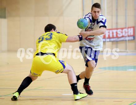 Handball Bundesliga. Aufstiegs Play Off. Halbfinale. SC Ferlach gegen UHC Erste Bank Hollabrunn. Mladan Jovanovic, (SCF), Andreas Czech  (Hollabrunn). Ferlach, am 11.5.2015.
Foto: Kuess
---
pressefotos, pressefotografie, kuess, qs, qspictures, sport, bild, bilder, bilddatenbank