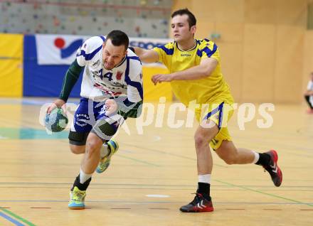 Handball Bundesliga. Aufstiegs Play Off. Halbfinale. SC Ferlach gegen UHC Erste Bank Hollabrunn. Patrick Jochum, (SCF), Philipp Biber  (Hollabrunn). Ferlach, am 11.5.2015.
Foto: Kuess
---
pressefotos, pressefotografie, kuess, qs, qspictures, sport, bild, bilder, bilddatenbank