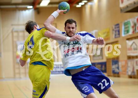 Handball Bundesliga. Aufstiegs Play Off. Halbfinale. SC Ferlach gegen UHC Erste Bank Hollabrunn. Dean David Pomorisac, (SCF),  Kristof Gal (Hollabrunn). Ferlach, am 11.5.2015.
Foto: Kuess
---
pressefotos, pressefotografie, kuess, qs, qspictures, sport, bild, bilder, bilddatenbank