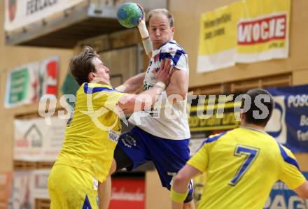 Handball Bundesliga. Aufstiegs Play Off. Halbfinale. SC Ferlach gegen UHC Erste Bank Hollabrunn. Leopold Wagner (SCF), Kristof Gal (Hollabrunn). Ferlach, am 11.5.2015.
Foto: Kuess
---
pressefotos, pressefotografie, kuess, qs, qspictures, sport, bild, bilder, bilddatenbank