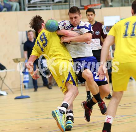 Handball Bundesliga. Aufstiegs Play Off. Halbfinale. SC Ferlach gegen UHC Erste Bank Hollabrunn. Mladan Jovanovic, (SCF), Kristof Gal  (Hollabrunn). Ferlach, am 11.5.2015.
Foto: Kuess
---
pressefotos, pressefotografie, kuess, qs, qspictures, sport, bild, bilder, bilddatenbank