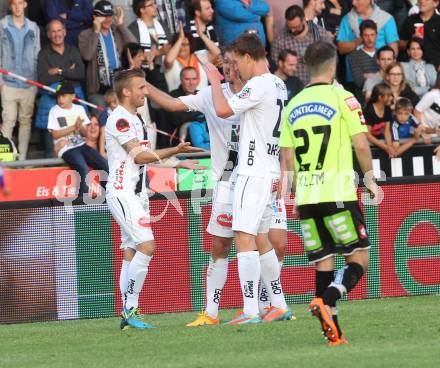 Fussball Bundesliga. RZ Pellets WAC gegen SK Puntigamer Sturm Graz.  Torjubel Manuel Kerhe, Joachim Standfest, Daniel Drescher (WAC). Wolfsberg, am 16.5.2015.
Foto: Kuess

---
pressefotos, pressefotografie, kuess, qs, qspictures, sport, bild, bilder, bilddatenbank