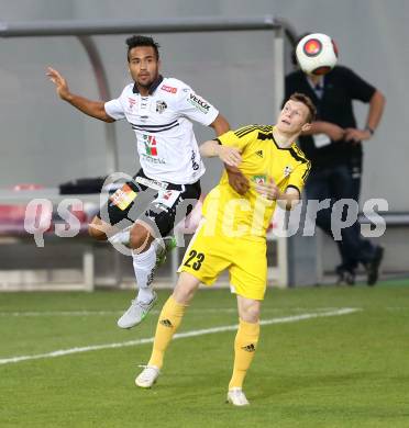 Fussball. UEFA Europa League 2015/2016. Second Qualifying Round. RZ Pellets WAC gegen FC Shakhtyor Soligorsk. Stephan Palla, (WAC), Yuri Kovalev (Shakhtyor Soligorsk). Klagenfurt, am 23.7.2015.
Foto: Kuess
---
pressefotos, pressefotografie, kuess, qs, qspictures, sport, bild, bilder, bilddatenbank