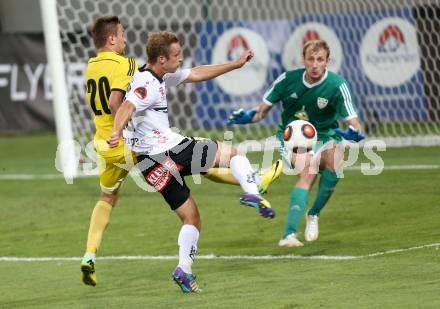 Fussball. UEFA Europa League 2015/2016. Second Qualifying Round. RZ Pellets WAC gegen FC Shakhtyor Soligorsk. Michael Berger,  (WAC), Yaroslav Martynyuk, Vladimir Bushma (Shakhtyor Soligorsk). Klagenfurt, am 23.7.2015.
Foto: Kuess
---
pressefotos, pressefotografie, kuess, qs, qspictures, sport, bild, bilder, bilddatenbank