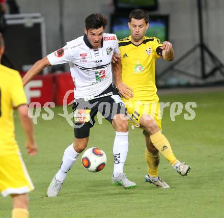 Fussball. UEFA Europa League 2015/2016. Second Qualifying Round. RZ Pellets WAC gegen FC Shakhtyor Soligorsk. Roland Putsche, (WAC), Artem Starhorodskiy  (Shakhtyor Soligorsk). Klagenfurt, am 23.7.2015.
Foto: Kuess
---
pressefotos, pressefotografie, kuess, qs, qspictures, sport, bild, bilder, bilddatenbank