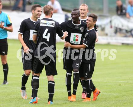 Fussball Regionalliga. Annabichler SV gegen RZ Pellets WAC Amateure.  Torjubel Bunabass Ceesay, Fabio Sebastian Miklautz (WAC). Annabichl, am 26.7.2015.
Foto: Kuess
---
pressefotos, pressefotografie, kuess, qs, qspictures, sport, bild, bilder, bilddatenbank