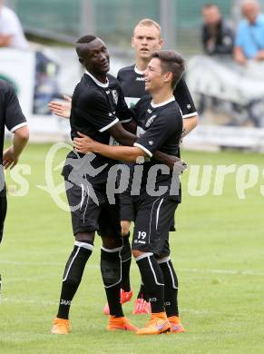 Fussball Regionalliga. Annabichler SV gegen RZ Pellets WAC Amateure.  Torjubel Bunabass Ceesay, Fabio Sebastian Miklautz (WAC). Annabichl, am 26.7.2015.
Foto: Kuess
---
pressefotos, pressefotografie, kuess, qs, qspictures, sport, bild, bilder, bilddatenbank