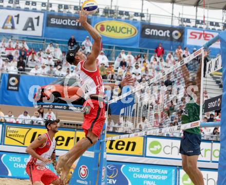 2015 CEV A1 Beachvolleyball Europameisterschaft. Clemens Doppler, Alexander Horst  (AUT). Klagenfurt, 29.7.2015.
Foto: Kuess
---
pressefotos, pressefotografie, kuess, qs, qspictures, sport, bild, bilder, bilddatenbank