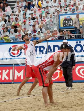 2015 CEV A1 Beachvolleyball Europameisterschaft. Clemens Doppler, Alexander Horst  (AUT). Klagenfurt, 29.7.2015.
Foto: Kuess
---
pressefotos, pressefotografie, kuess, qs, qspictures, sport, bild, bilder, bilddatenbank