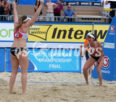 2015 CEV A1 Beachvolleyball Europameisterschaft.  Jubel Lena Maria Plesiutschnig, Katharina Elisabeth Schuetzenhoefer (AUT). Klagenfurt, 28.7.2015.
Foto: Kuess
---
pressefotos, pressefotografie, kuess, qs, qspictures, sport, bild, bilder, bilddatenbank