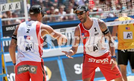 2015 CEV A1 Beachvolleyball Europameisterschaft.  Jubel Clemens Doppler, Alexander Horst (AUT). Klagenfurt, 31.7.2015.
Foto: Kuess
---
pressefotos, pressefotografie, kuess, qs, qspictures, sport, bild, bilder, bilddatenbank