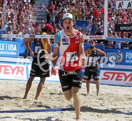 2015 CEV A1 Beachvolleyball Europameisterschaft. Jubel Alexander Xandi Huber  (AUT). Klagenfurt, 31.7.2015.
Foto: Kuess
---
pressefotos, pressefotografie, kuess, qs, qspictures, sport, bild, bilder, bilddatenbank