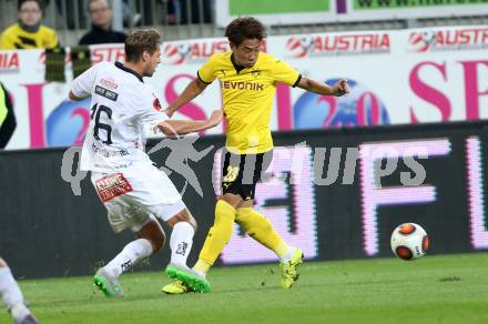 Fussball. UEFA Europa League 2015/2016. Third qualifying round. RZ Pellets WAC gegen Borussia Dortmund. Boris Huettenbrenner,  (WAC), Shinji Kagawa (Dortmund). Klagenfurt, am 30.7.2015.
Foto: Kuess 
---
pressefotos, pressefotografie, kuess, qs, qspictures, sport, bild, bilder, bilddatenbank