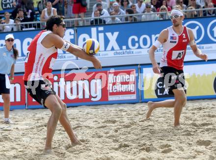 2015 CEV A1 Beachvolleyball Europameisterschaft.  Peter Eglseer, Daniel Muellner (AUT). Klagenfurt, 31.7.2015.
Foto: Kuess
---
pressefotos, pressefotografie, kuess, qs, qspictures, sport, bild, bilder, bilddatenbank