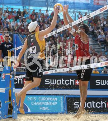 2015 CEV A1 Beachvolleyball Europameisterschaft.   Lars Flueggen (GER), Peter Eglseer (AUT). Klagenfurt, 31.7.2015.
Foto: Kuess
---
pressefotos, pressefotografie, kuess, qs, qspictures, sport, bild, bilder, bilddatenbank