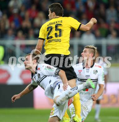 Fussball. UEFA Europa League 2015/2016. Third qualifying round. RZ Pellets WAC gegen Borussia Dortmund. Michael Sollbauer, (WAC),  Sokratis Papastathopoulos (Dortmund). Klagenfurt, am 30.7.2015.
Foto: Kuess 
---
pressefotos, pressefotografie, kuess, qs, qspictures, sport, bild, bilder, bilddatenbank