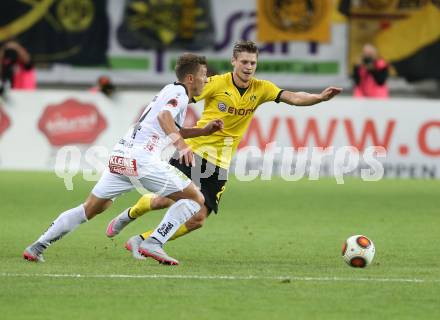 Fussball. UEFA Europa League 2015/2016. Third qualifying round. RZ Pellets WAC gegen Borussia Dortmund. Christopher  WERNITZNIG (WAC), Lukasz Piszczek (Dortmund). Klagenfurt, am 30.7.2015.
Foto: Kuess 
---
pressefotos, pressefotografie, kuess, qs, qspictures, sport, bild, bilder, bilddatenbank