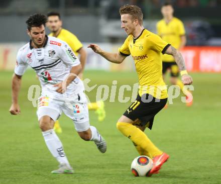 Fussball. UEFA Europa League 2015/2016. Third qualifying round. RZ Pellets WAC gegen Borussia Dortmund. Roland Putsche, (WAC), Marco Reus (Dortmund). Klagenfurt, am 30.7.2015.
Foto: Kuess 
---
pressefotos, pressefotografie, kuess, qs, qspictures, sport, bild, bilder, bilddatenbank