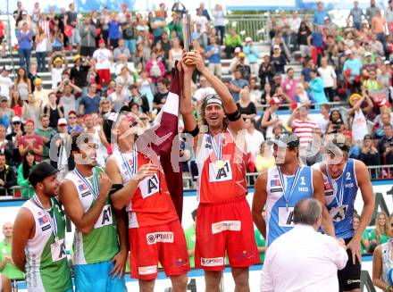 2015 CEV A1 Beachvolleyball Europameisterschaft. Alex RANGHIERI, Adrian Ignacio CARAMBULA (ITA), Janis SMEDINS, Aleksandrs SAMOILOVS (LAT), Reinder NUMMERDOR, Christiaan VARENHORST (NED). Klagenfurt, 2.8.2015
Foto: Kuess
---
pressefotos, pressefotografie, kuess, qs, qspictures, sport, bild, bilder, bilddatenbank