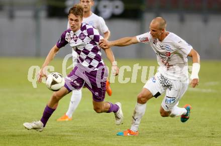 Fussball. Sky go Erste Liga. SK Austria Klagenfurt gegen Floridsdorfer AC.  Patrik Eler, (Austria), Alois Prohaska (FAC). KLagenfurt, am 4.8.2015.
Foto: Kuess
---
pressefotos, pressefotografie, kuess, qs, qspictures, sport, bild, bilder, bilddatenbank