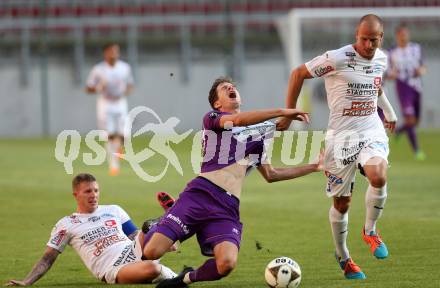 Fussball. Sky go Erste Liga. SK Austria Klagenfurt gegen Floridsdorfer AC.  Christian Falk,  (Austria), Andreas Bauer, Alois Prohaska (FAC). KLagenfurt, am 4.8.2015.
Foto: Kuess
---
pressefotos, pressefotografie, kuess, qs, qspictures, sport, bild, bilder, bilddatenbank