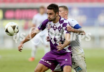 Fussball. Sky go Erste Liga. SK Austria Klagenfurt gegen Floridsdorfer AC.  Domagoj Beslic, (Austria),  Andreas Bauer (FAC). KLagenfurt, am 4.8.2015.
Foto: Kuess
---
pressefotos, pressefotografie, kuess, qs, qspictures, sport, bild, bilder, bilddatenbank