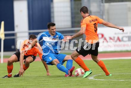 Fussball Unterliga West. VSV gegen Dellach/Drau. Marko Spanic, (VSV),  Andreas Wildbahner (Dellach). Villach Lind, am 1.8.2015.
Foto: Kuess
---
pressefotos, pressefotografie, kuess, qs, qspictures, sport, bild, bilder, bilddatenbank