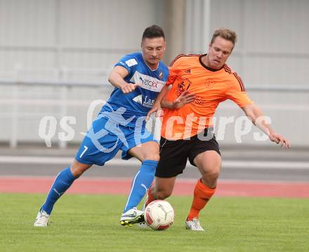 Fussball Unterliga West. VSV gegen Dellach/Drau. Matej Jagic,  (VSV),  Daniel Bernhard (Dellach). Villach Lind, am 1.8.2015.
Foto: Kuess
---
pressefotos, pressefotografie, kuess, qs, qspictures, sport, bild, bilder, bilddatenbank