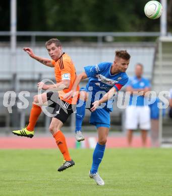 Fussball Unterliga West. VSV gegen Dellach/Drau. Anton Martinovic,  (VSV),  Hannes De Zordo (Dellach). Villach Lind, am 1.8.2015.
Foto: Kuess
---
pressefotos, pressefotografie, kuess, qs, qspictures, sport, bild, bilder, bilddatenbank