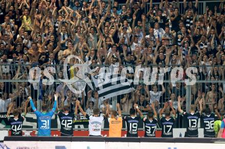 Fussball tipico Bundesliga. RZ Pellets WAC gegen SK Puntigamer Sturm Graz.  Jubel Sturm, Fans. Wolfsberg, am 12.8.2015.
Foto: Kuess
Foto: Kuess

---
pressefotos, pressefotografie, kuess, qs, qspictures, sport, bild, bilder, bilddatenbank