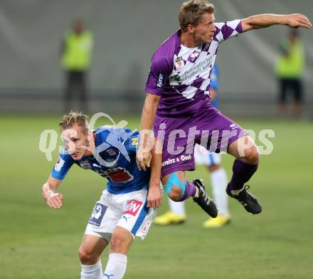 Fussball. Sky go Erste Liga. SK Austria Klagenfurt gegen SC Wiener Neustadt. Christian Thonhofer,  (Klagenfurt), Florian Sittsam (Wiener Neustadt). Klagenfurt, am 14.8.2015.
Foto: Kuess
---
pressefotos, pressefotografie, kuess, qs, qspictures, sport, bild, bilder, bilddatenbank