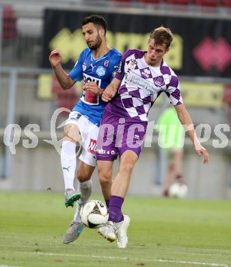 Fussball. Sky go Erste Liga. SK Austria Klagenfurt gegen SC Wiener Neustadt. Patrik Eler, (Klagenfurt), Mustafa Yavu (Wiener Neustadt). Klagenfurt, am 14.8.2015.
Foto: Kuess
---
pressefotos, pressefotografie, kuess, qs, qspictures, sport, bild, bilder, bilddatenbank