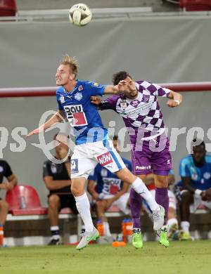 Fussball. Sky go Erste Liga. SK Austria Klagenfurt gegen SC Wiener Neustadt. Manuel Wallner,  (Klagenfurt), Florian Sittsam (Wiener Neustadt). Klagenfurt, am 14.8.2015.
Foto: Kuess
---
pressefotos, pressefotografie, kuess, qs, qspictures, sport, bild, bilder, bilddatenbank