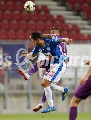 Fussball. Sky go Erste Liga. SK Austria Klagenfurt gegen SC Wiener Neustadt. Marco Sahanek,  (Klagenfurt), Sargon Duran (Wiener Neustadt). Klagenfurt, am 14.8.2015.
Foto: Kuess
---
pressefotos, pressefotografie, kuess, qs, qspictures, sport, bild, bilder, bilddatenbank