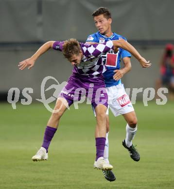 Fussball. Sky go Erste Liga. SK Austria Klagenfurt gegen SC Wiener Neustadt. Patrik Eler, (Klagenfurt), Rene Pascal Seebacher  (Wiener Neustadt). Klagenfurt, am 14.8.2015.
Foto: Kuess
---
pressefotos, pressefotografie, kuess, qs, qspictures, sport, bild, bilder, bilddatenbank