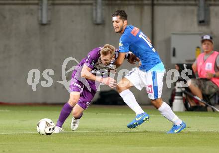 Fussball. Sky go Erste Liga. SK Austria Klagenfurt gegen SC Wiener Neustadt. Matthias Koch,  (Klagenfurt), Sargon Duran (Wiener Neustadt). Klagenfurt, am 14.8.2015.
Foto: Kuess
---
pressefotos, pressefotografie, kuess, qs, qspictures, sport, bild, bilder, bilddatenbank