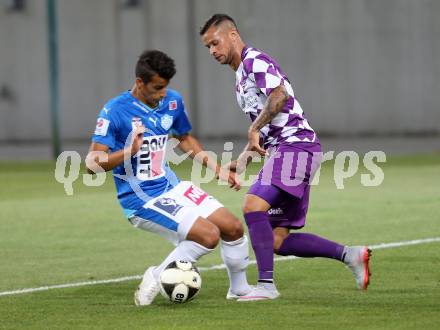 Fussball. Sky go Erste Liga. SK Austria Klagenfurt gegen SC Wiener Neustadt. Marco Sahanek, (Klagenfurt), Manfred Fischer (Wiener Neustadt). Klagenfurt, am 14.8.2015.
Foto: Kuess
---
pressefotos, pressefotografie, kuess, qs, qspictures, sport, bild, bilder, bilddatenbank