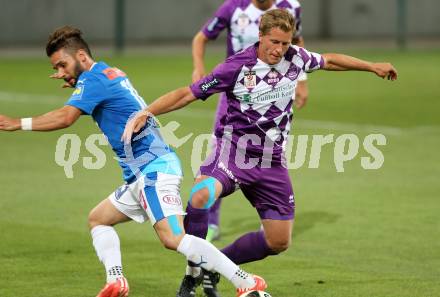 Fussball. Sky go Erste Liga. SK Austria Klagenfurt gegen SC Wiener Neustadt. Christian Thonhofer, (Klagenfurt), Christoph Saurer (Wiener Neustadt). Klagenfurt, am 14.8.2015.
Foto: Kuess
---
pressefotos, pressefotografie, kuess, qs, qspictures, sport, bild, bilder, bilddatenbank