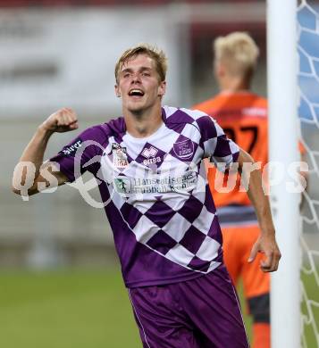 Fussball. Sky go Erste Liga. SK Austria Klagenfurt gegen SC Wiener Neustadt. Torjubel  Patrik Eler (Klagenfurt). Klagenfurt, am 14.8.2015.
Foto: Kuess
---
pressefotos, pressefotografie, kuess, qs, qspictures, sport, bild, bilder, bilddatenbank