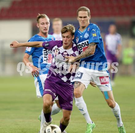 Fussball. Sky go Erste Liga. SK Austria Klagenfurt gegen SC Wiener Neustadt. Patrik Eler,  (Klagenfurt), Andreas Pfingstner (Wiener Neustadt). Klagenfurt, am 14.8.2015.
Foto: Kuess
---
pressefotos, pressefotografie, kuess, qs, qspictures, sport, bild, bilder, bilddatenbank