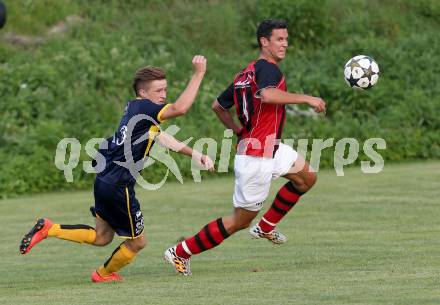 Fussball 1. Klasse D. DSG Ferlach gegen St. Margareten/Rosental. Daniel Benjamin Apachou, (Ferlach), Matthias Korenjak (St.Margarethen). Unterbergen, am 14.8.2015.
Foto: Kuess
---
pressefotos, pressefotografie, kuess, qs, qspictures, sport, bild, bilder, bilddatenbank