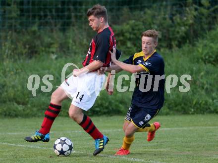 Fussball 1. Klasse D. DSG Ferlach gegen St. Margareten/Rosental. Daniel Benjamin Apachou,  (Ferlach), Florian Wedenig (St.Margarethen). Unterbergen, am 14.8.2015.
Foto: Kuess
---
pressefotos, pressefotografie, kuess, qs, qspictures, sport, bild, bilder, bilddatenbank