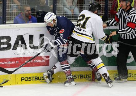 Eishockey Testspiel. VSV gegen Stavagner Oilers. Valentin Leiler, (VSV),   Daniel Rokseth (Stavagner Oilers). Villach, am 15.8.2015.
Foto: Kuess
---
pressefotos, pressefotografie, kuess, qs, qspictures, sport, bild, bilder, bilddatenbank