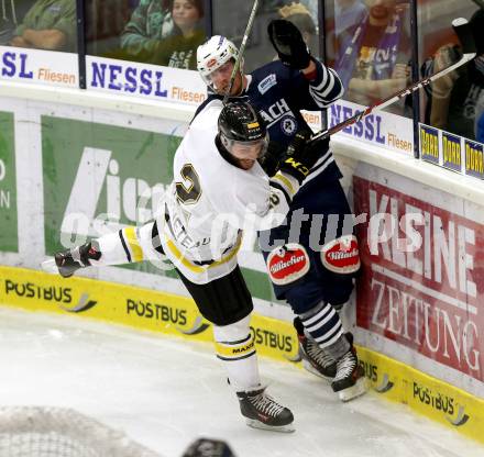 Eishockey Testspiel. VSV gegen Stavagner Oilers. Michael Raffl,  (VSV),  Nick Bruneteau (Stavagner Oilers). Villach, am 15.8.2015.
Foto: Kuess
---
pressefotos, pressefotografie, kuess, qs, qspictures, sport, bild, bilder, bilddatenbank